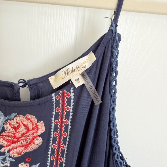 Andree By Unit Womens Navy Dress with Embroidered Flowers Size Medium - Picture 4 of 10